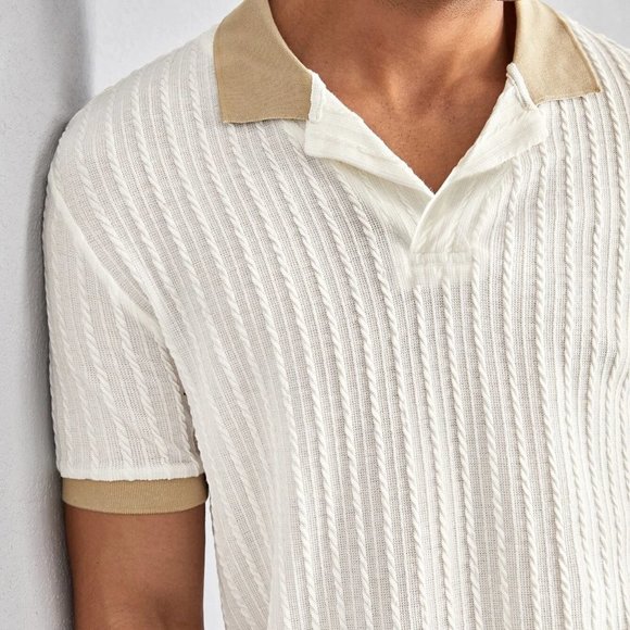 Beige Casual Mens Contrast Trim Textured Polo Shirt - Picture 2 of 5